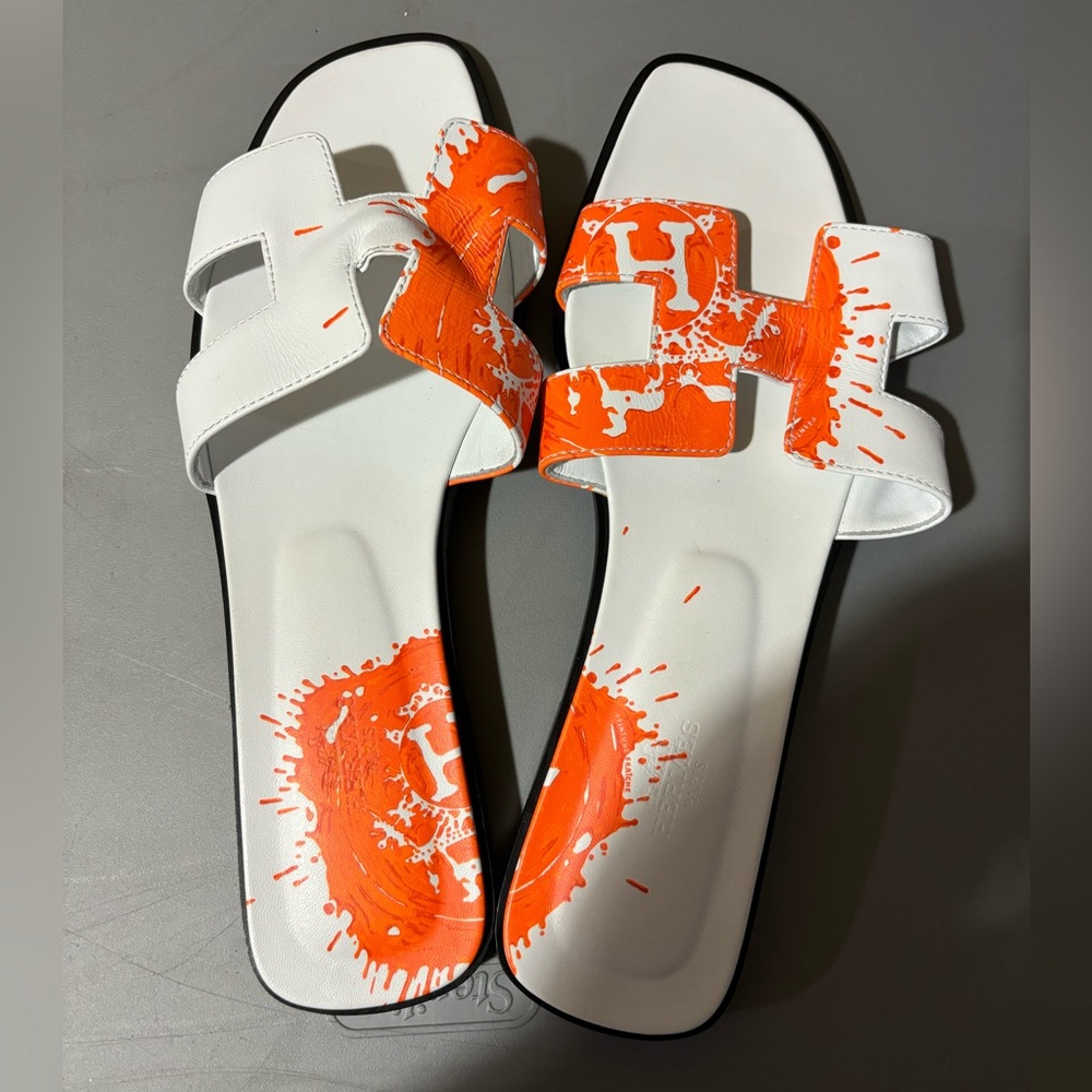 Hermes White and Orange Artistic Sandals